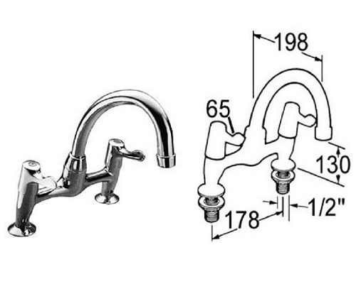 Mechline Performa 1/-2inch Deck Mixer with 3-inch Levers and Swivel spout - 2523QT